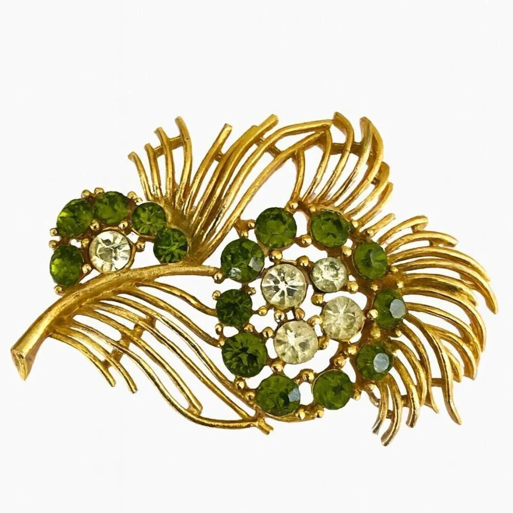 Vintage Lisner Green Crystal Gold-Tone Floral Brooch